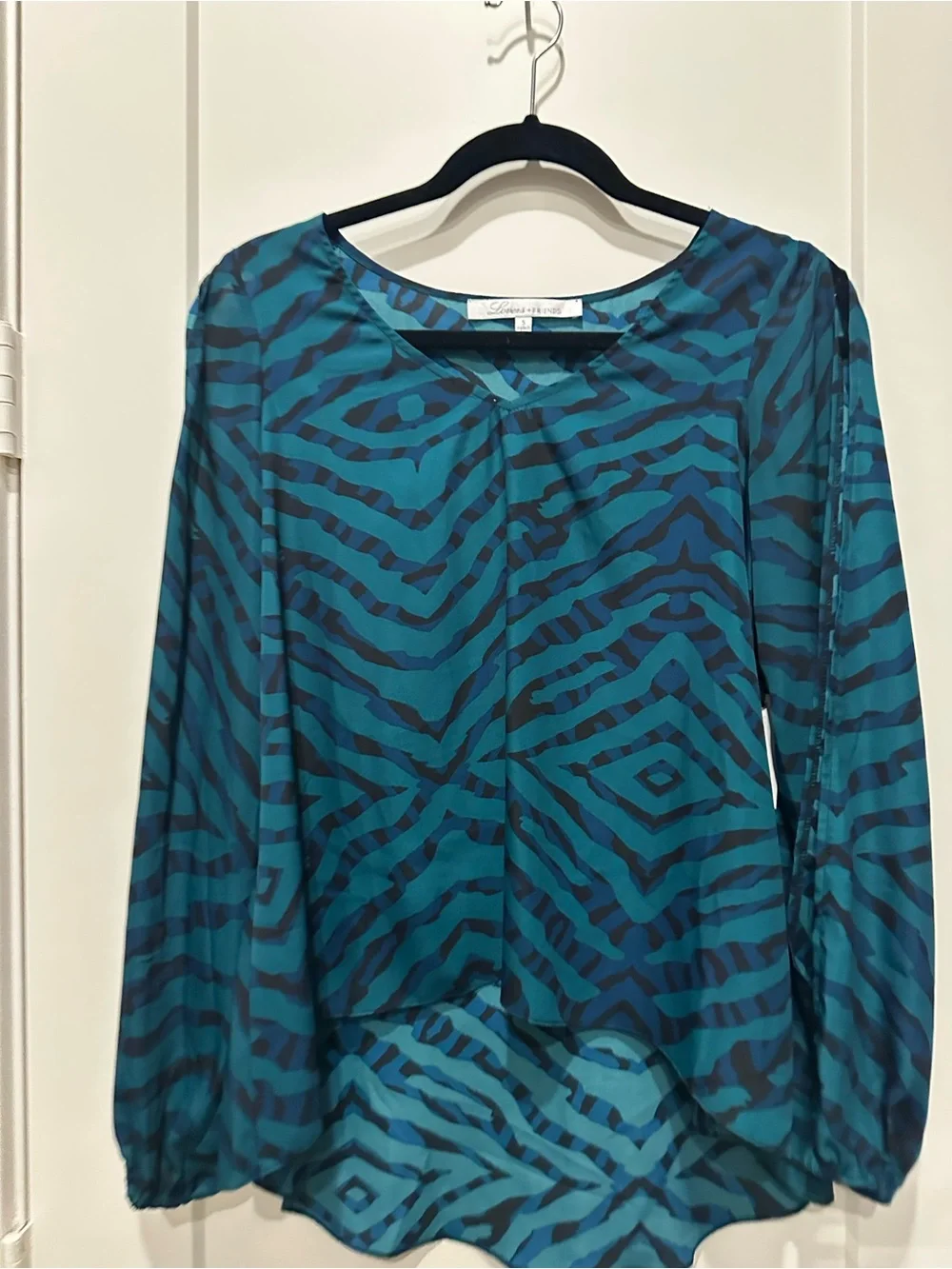 Lovers + Friends Teal and Black Zebra-Print Long Slit Sleeve Blouse - Picture 2 of 4